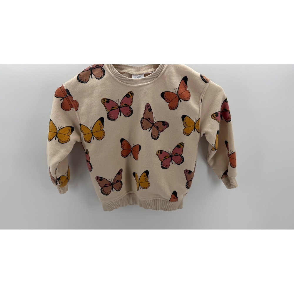 Zara Sweatshirt Kids 3-4 Beige Excellent Butterfly Print Fleece Pullover